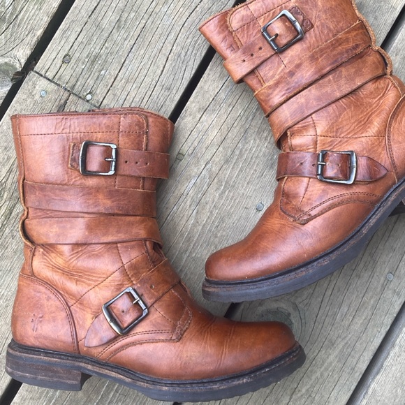 Frye Shoes - FRYE Boot VERONICA TANKER ENGINEER Combat Boho Distressed Leather Cognac Size 8